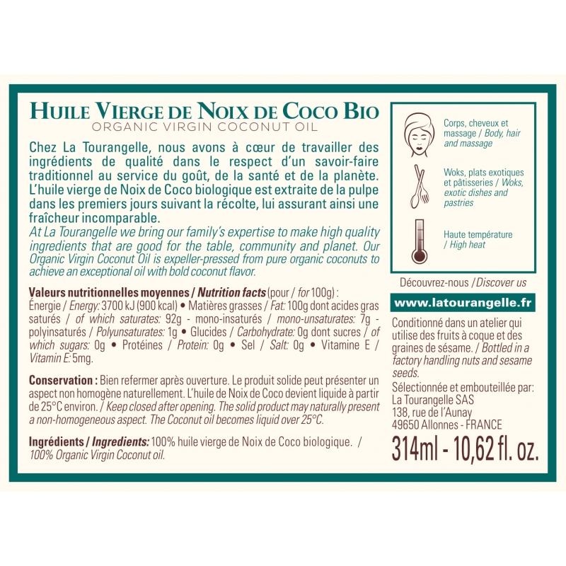 Huile de noix de coco désodorisée bio 314ml - La Tourangelle – Allmyketo