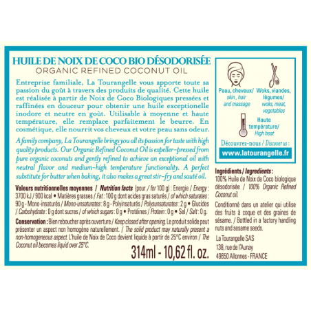 Huile de Noix de Coco Bio Désodorisée - La Tourangelle - 314ml